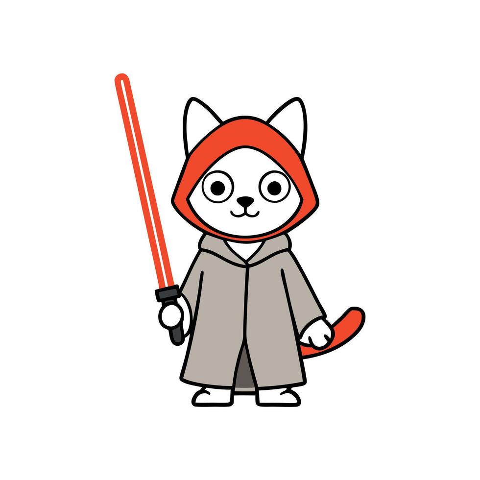 Cat wearing hooded robe holding red laser light saber vector
