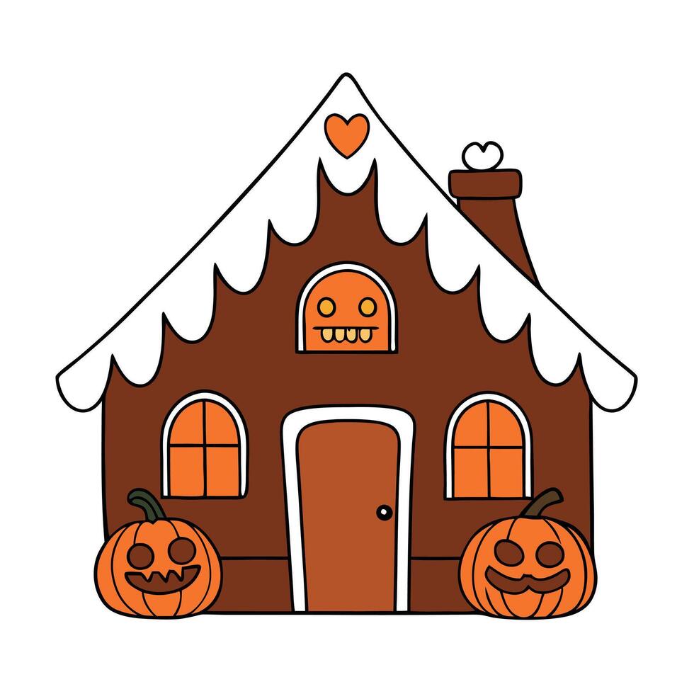 Chocolate gingerbread house decorated with chocolate icing and orange marzipan pumpkins around the house. happy halloween. vector