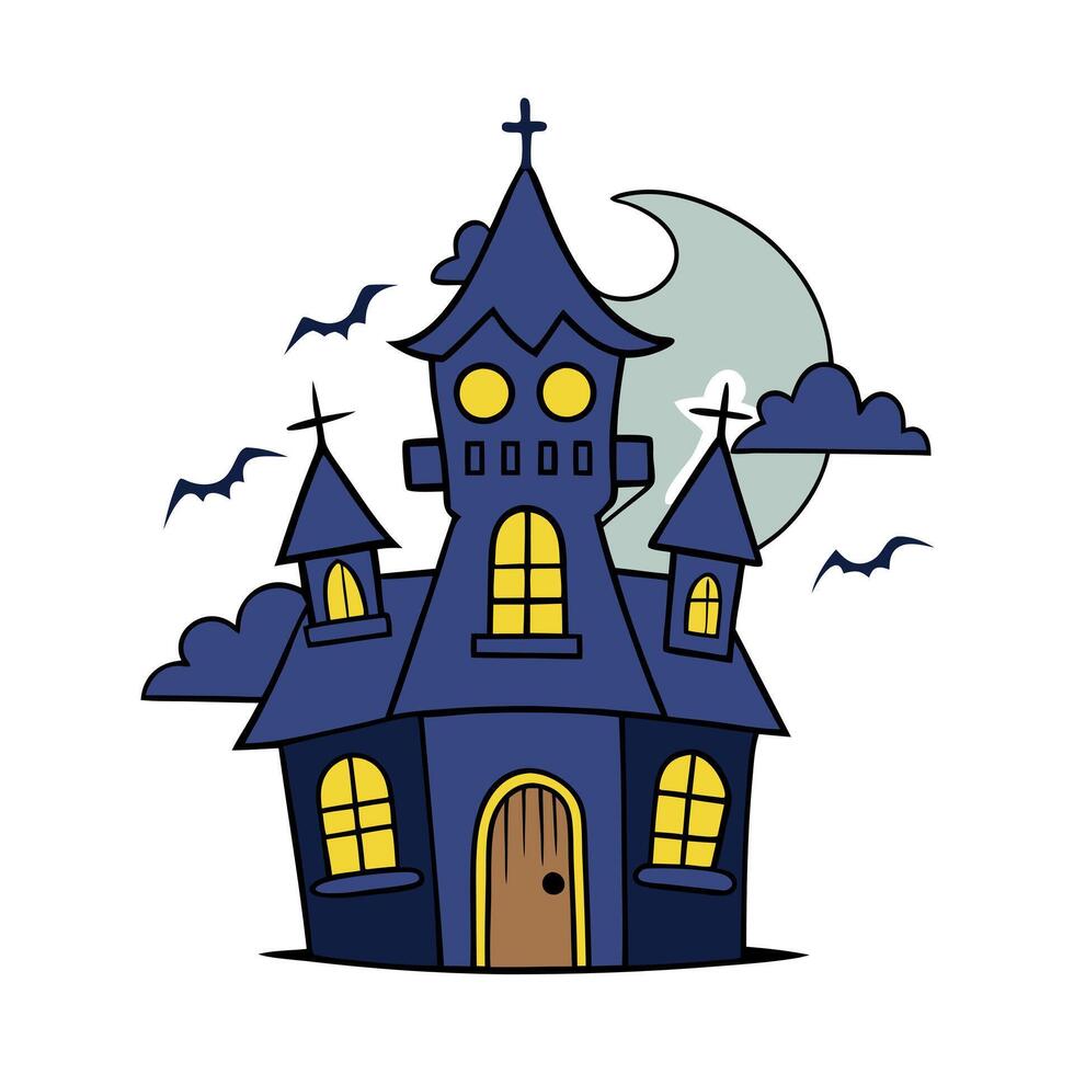 Cartoonish spooky haunted house from the outside at night with lightning and magical colors with smoke. scooby doo style with vector