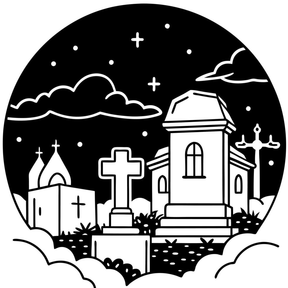 Cemetery or graveyard in the night with dark sky and white clouds. Haunted cemetery. Spooky and scary burial ground. Horror scene of graveyard. Funeral concept. vector