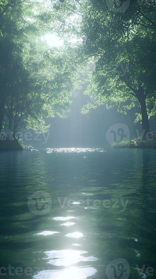 A boat is in the water near a forest photo