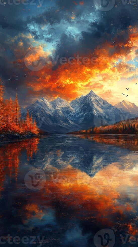 A painting of mountains and water with a sunset photo