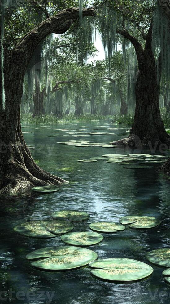 A swamp with trees and lily pads in the water photo