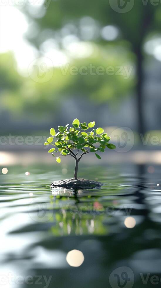 A small tree is sitting on top of a rock in the water photo