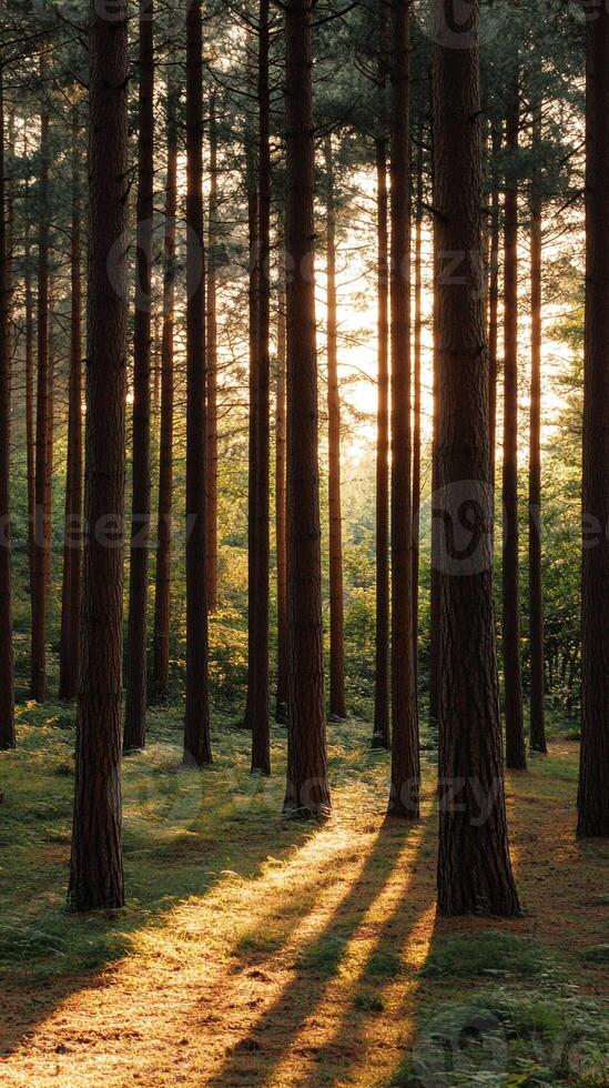 A forest with trees and grass photo