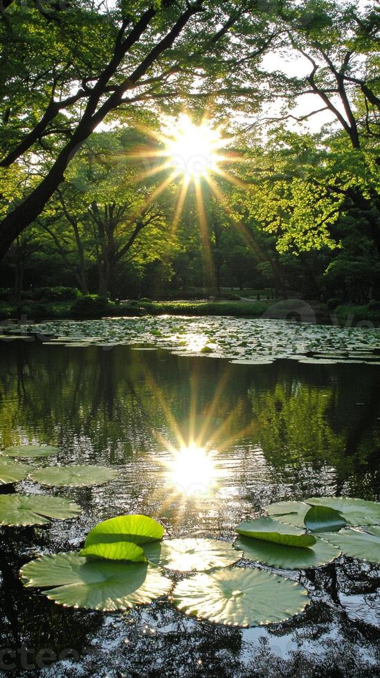 The sun shines through the trees and lily pads in a pond photo