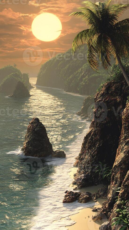 A beach with palm trees and rocks photo