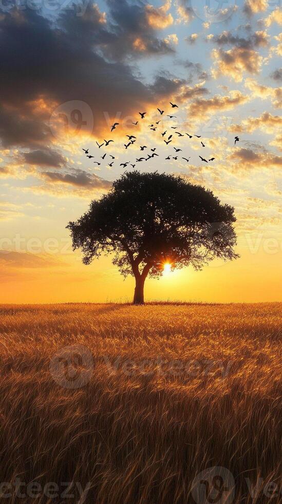 A tree stands in a field with birds flying above it photo