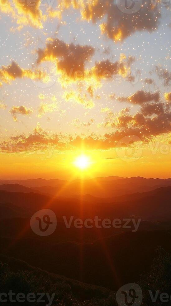 Sunset over mountains with clouds and stars photo