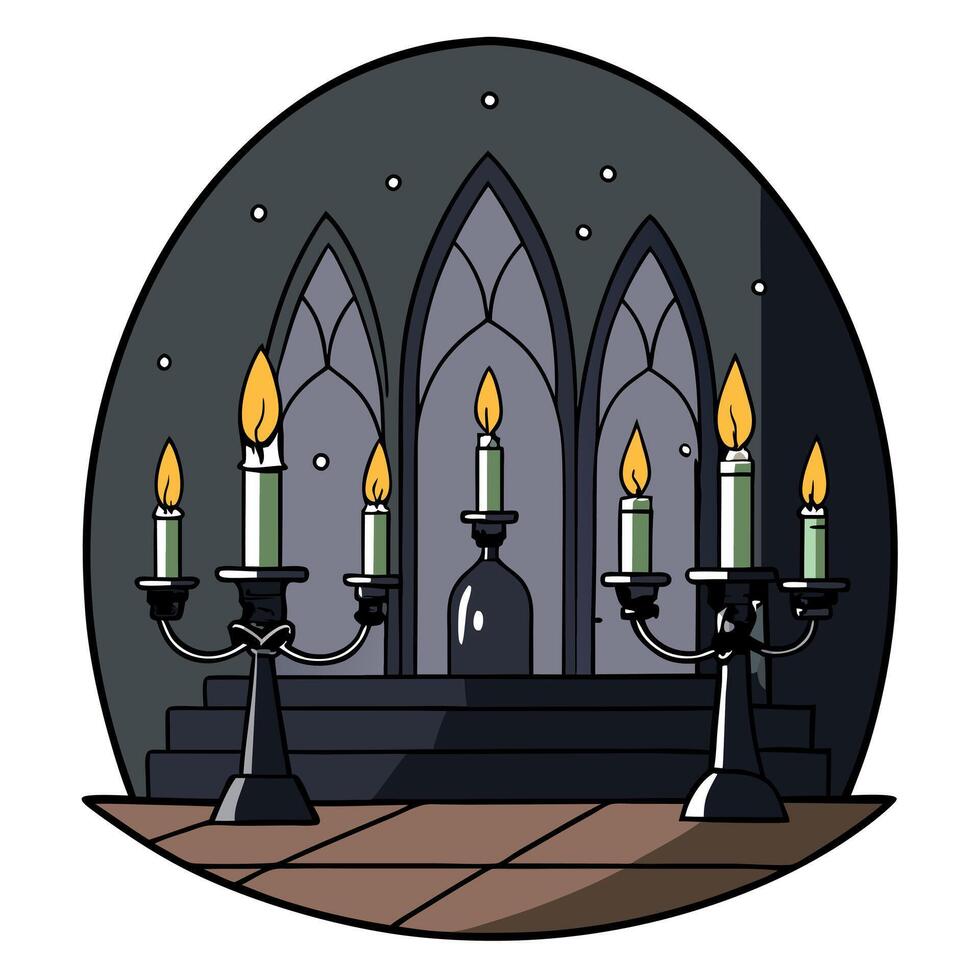 Candelabras illuminating abandoned gothic mansion interior at night vector
