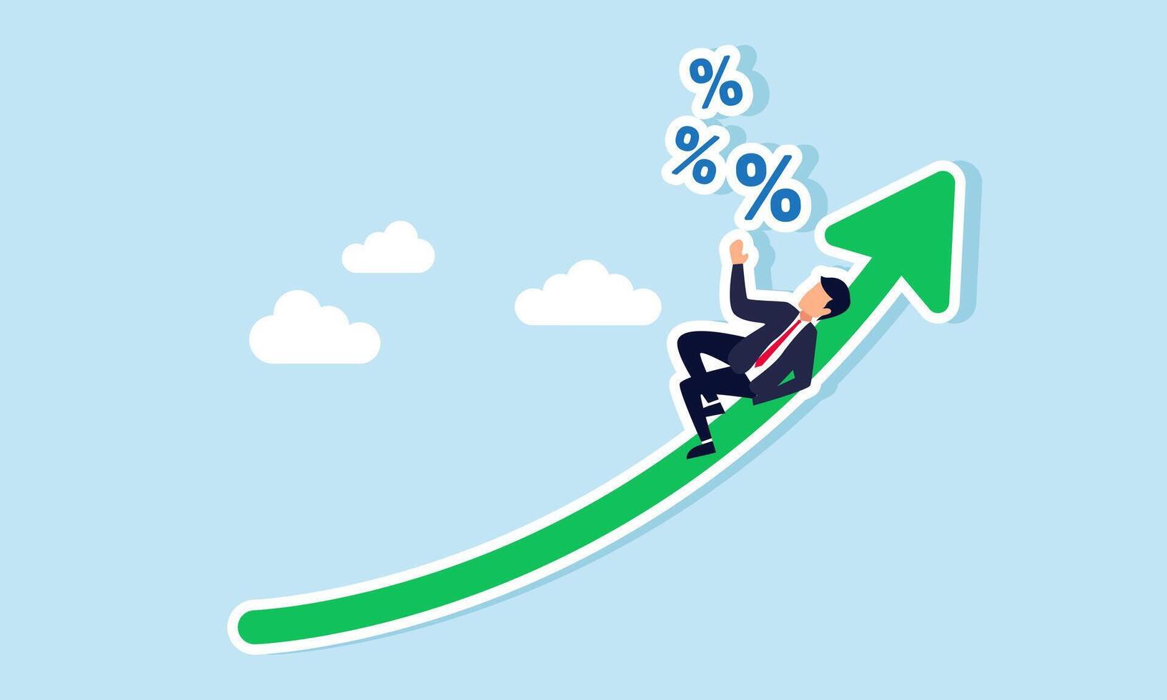 A businessman relaxes on an upward-trending graph while envisioning percentages, illustrating the relationship between company performance and revenue growth vector