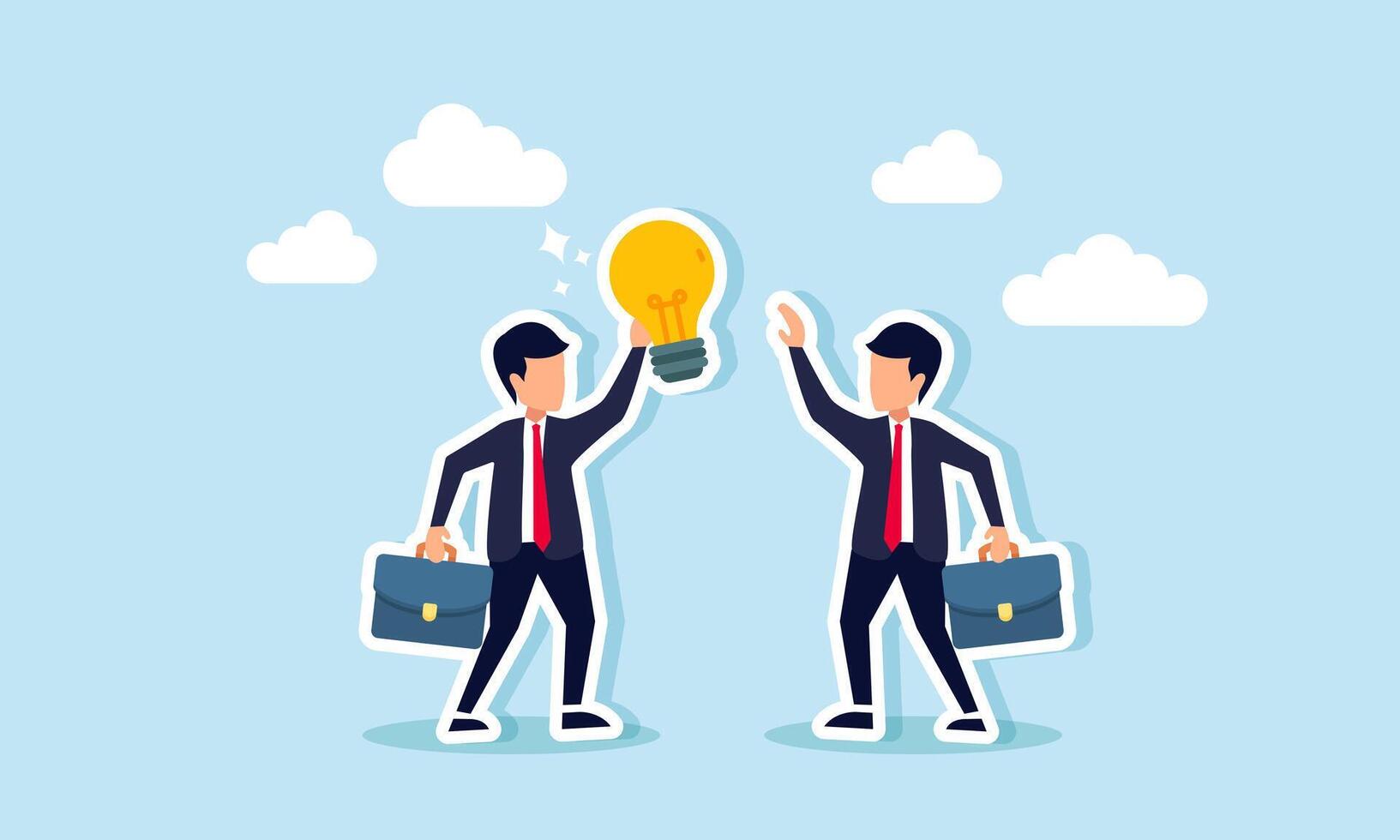 A businessman hands a light bulb to another, illustrating the sharing of ideas with business partners. vector