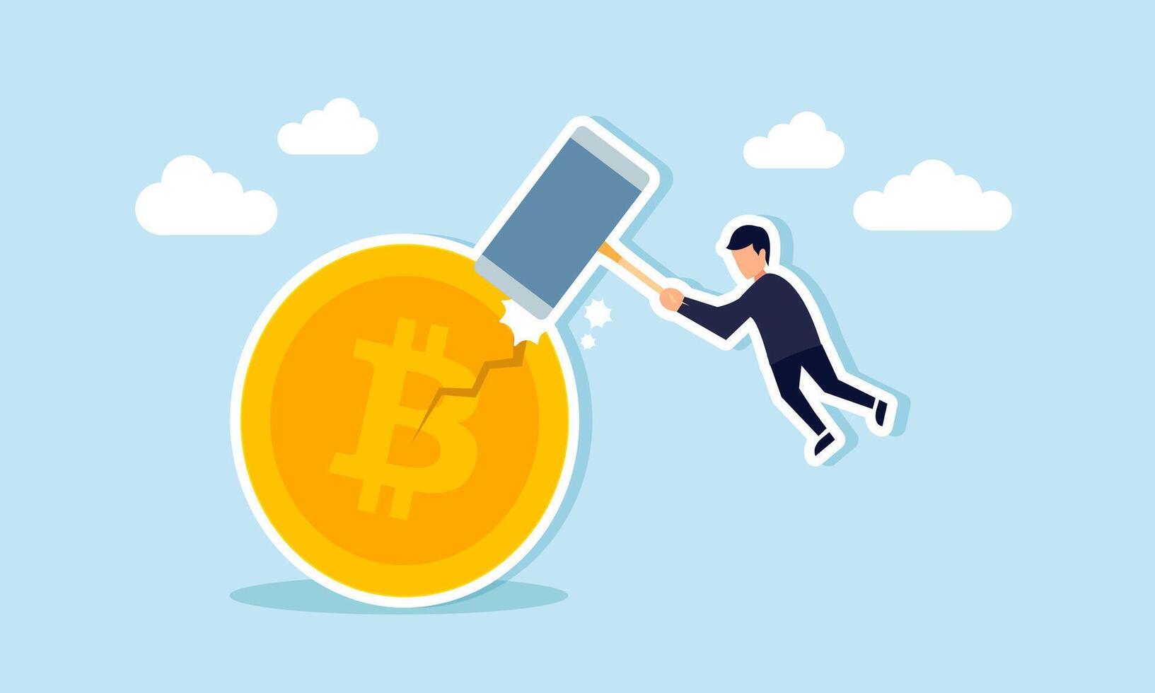 A businessman hits Bitcoin with a giant hammer, cracking it, illustrating the impact of the economic crisis on Bitcoin's valuation vector