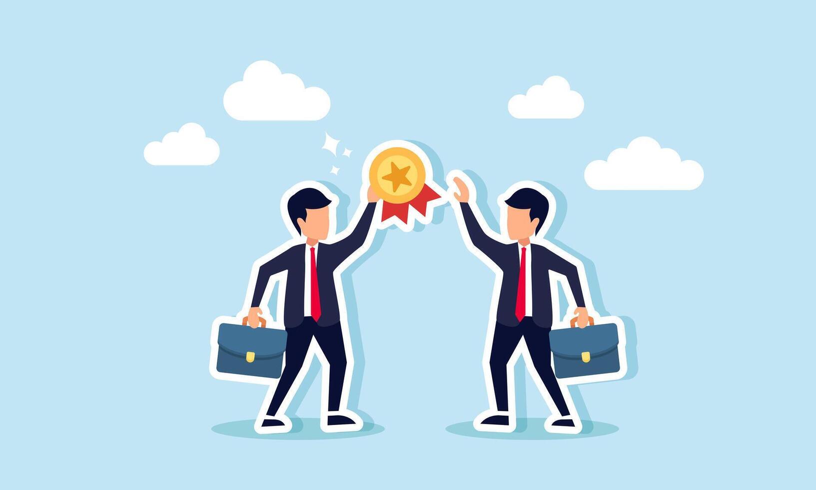 A businessman is awarding a medal to another, illustrating the relay of recognition for being the best in their industry. vector