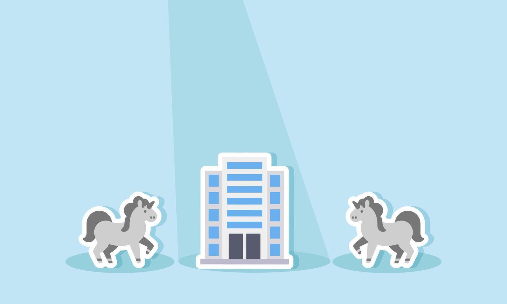 A company is highlighted by a spotlight while two unicorns remain in the shadows, illustrating a preference for conventional business models over potentially unicorn startups. vector