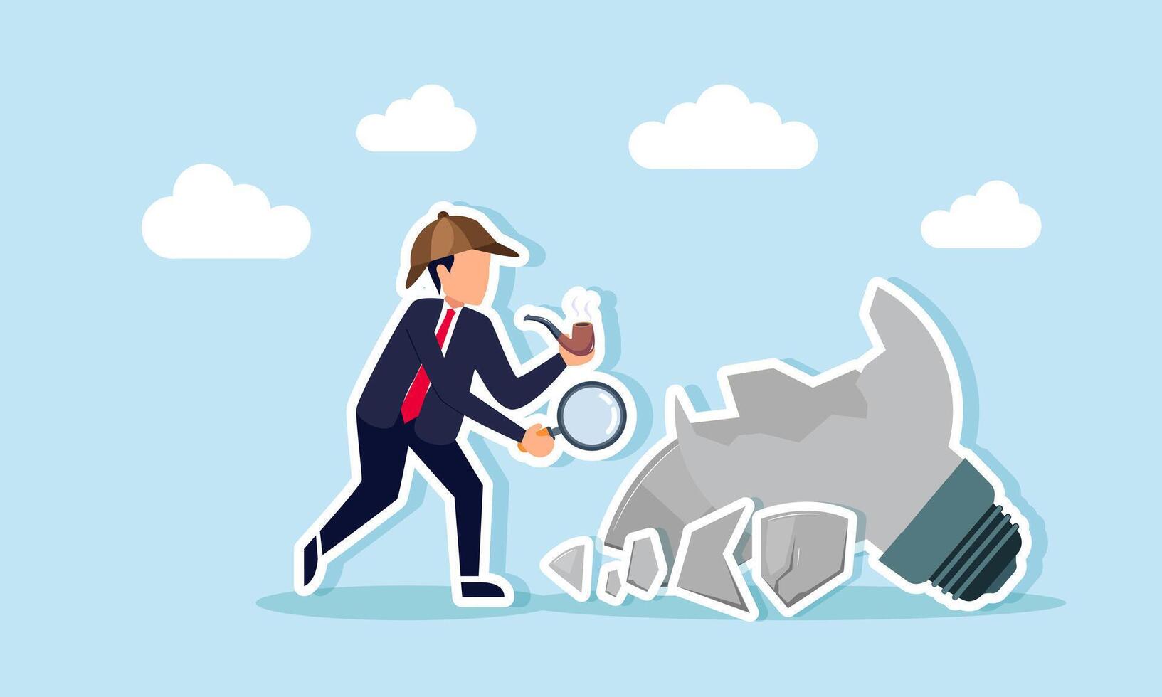 A detective with a magnifying glass and a cigarette investigates a broken light bulb, illustrating research on business innovations or ideas that didn't go as planned vector