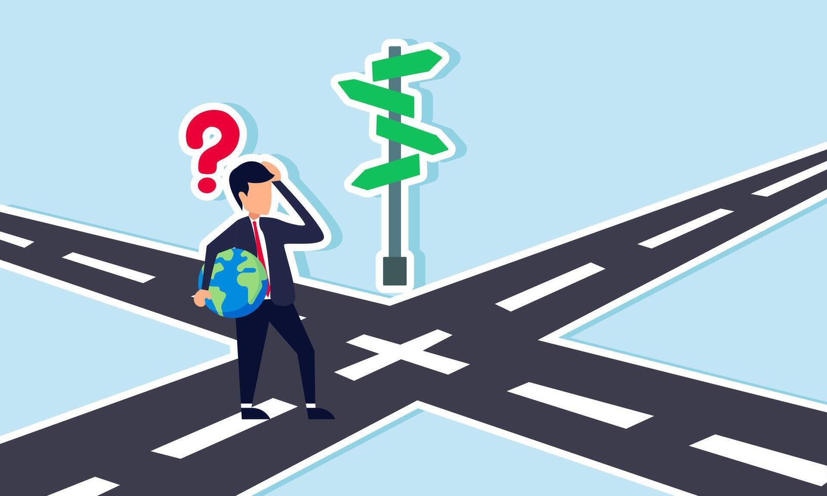 A businessman carrying a globe looks confused about which direction to take, illustrating uncertainty about current global trends. vector