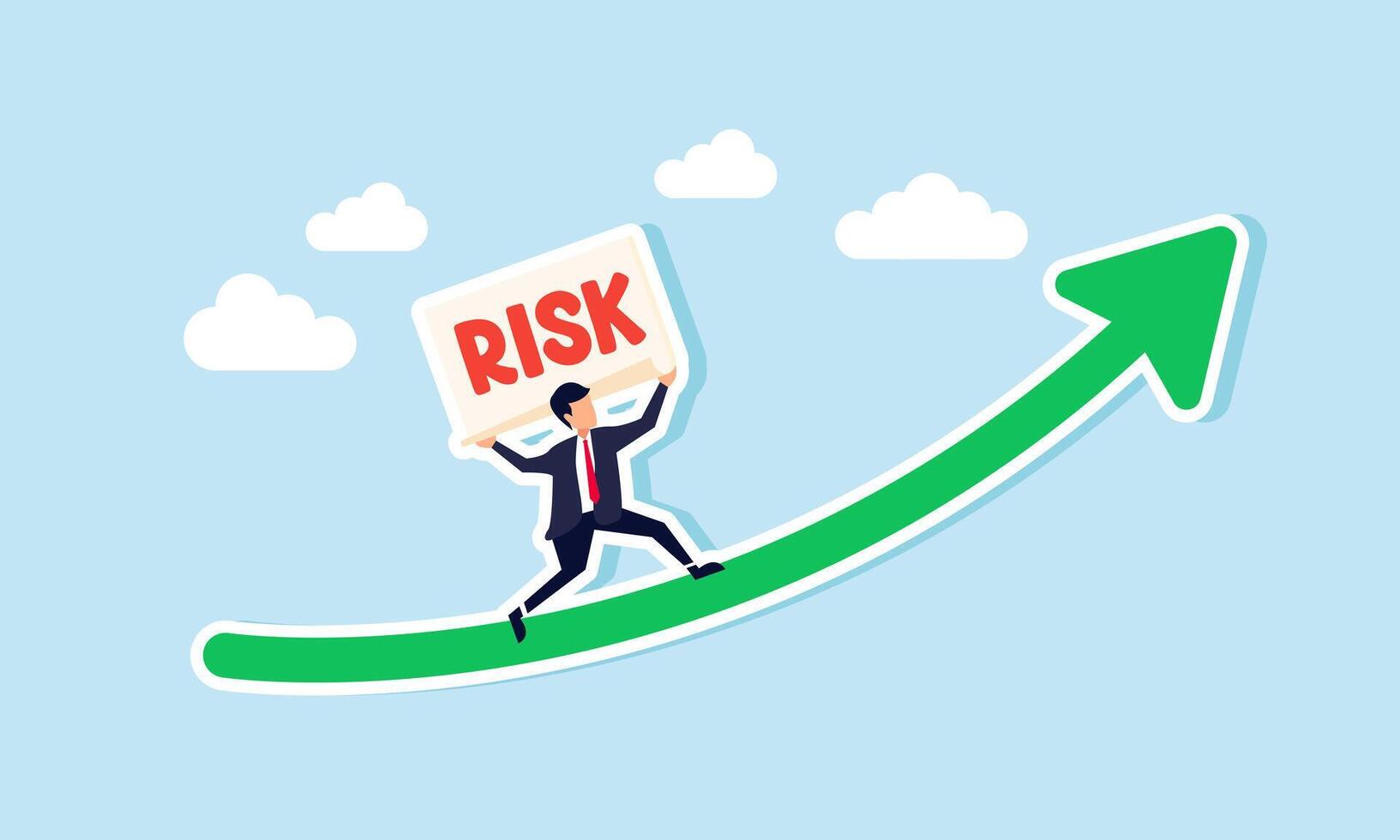 A businessman carrying a large paper that says RISK walks up a rising graph, illustrating the concept of high risk, high return vector