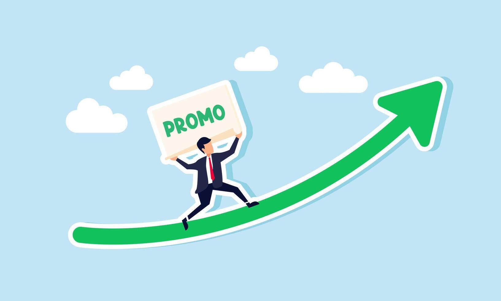 A businessman carrying a large paper that says PROMO walks up a rising graph, illustrating how a price promotion strategy leads to increased sales vector