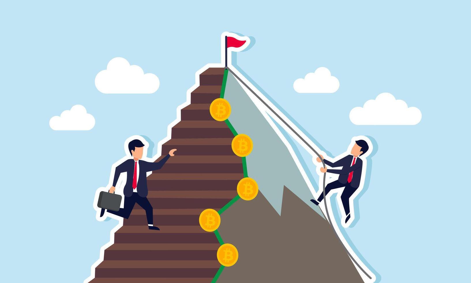 A businessman climbs a mountain with a Bitcoin pattern using a rope, while others use a ladder, different strategies for buy Bitcoin assets, like dollar-cost averaging or lump sum vector