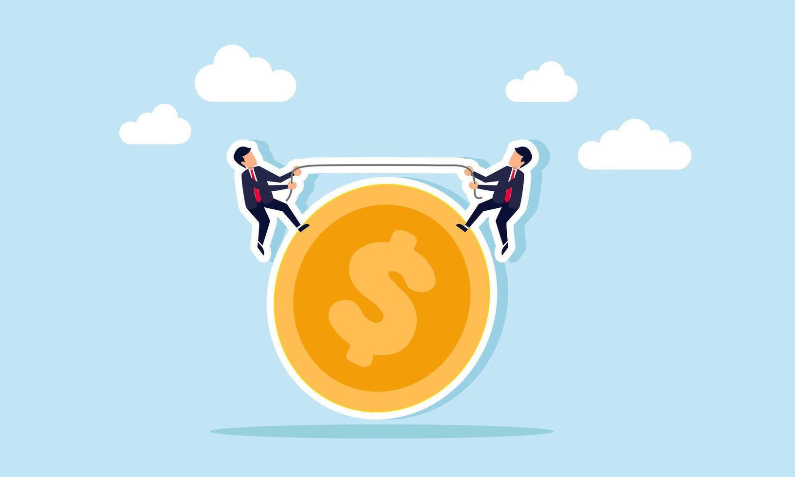 Two businessmen are tugging on a rope above a pile of dollar coins, illustrating differing opinions on managing wealth assets. vector