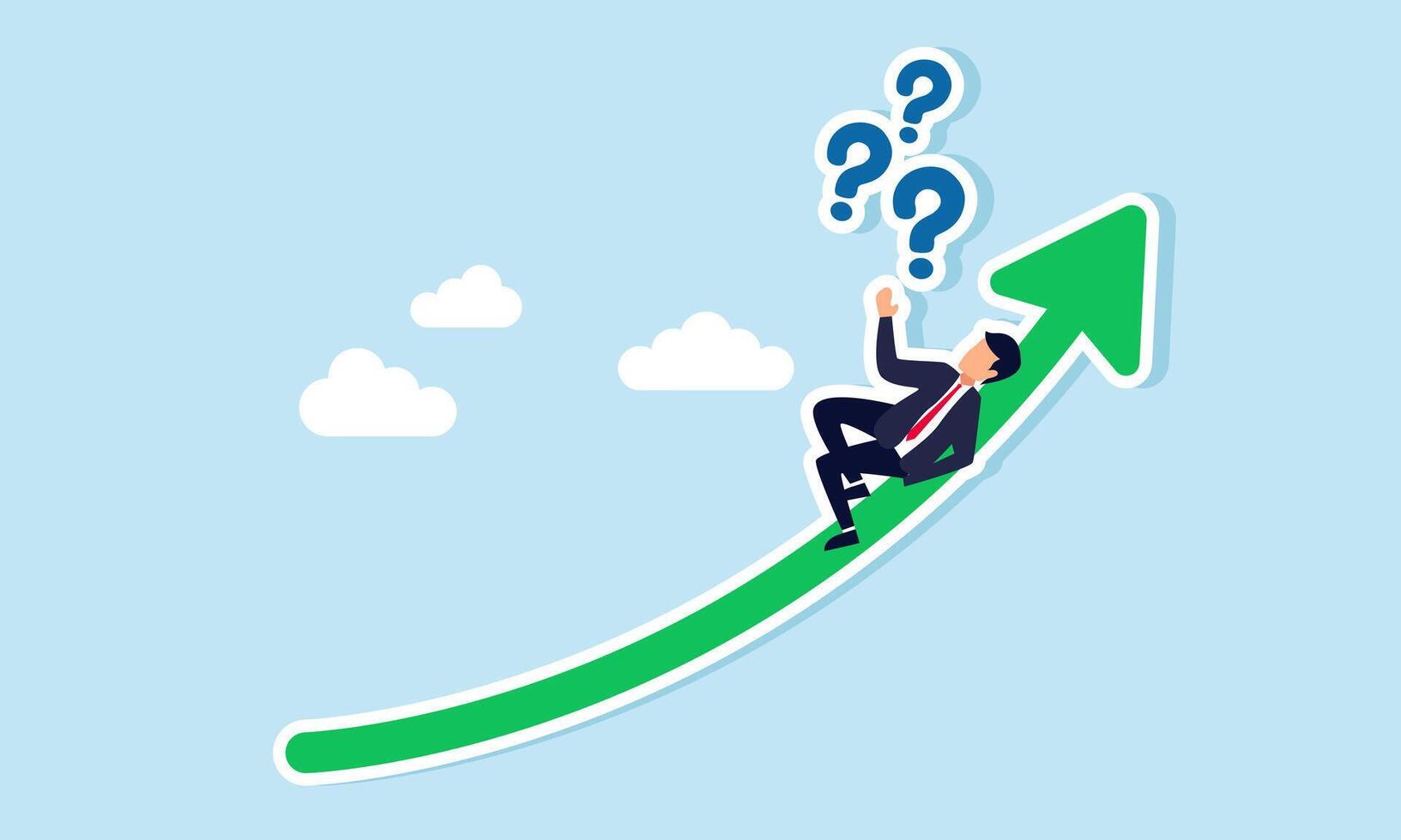 A businessman relaxes on an upward-trending graph while envisioning a question mark, illustrating that as a businessperson's knowledge grows, so do their questions vector