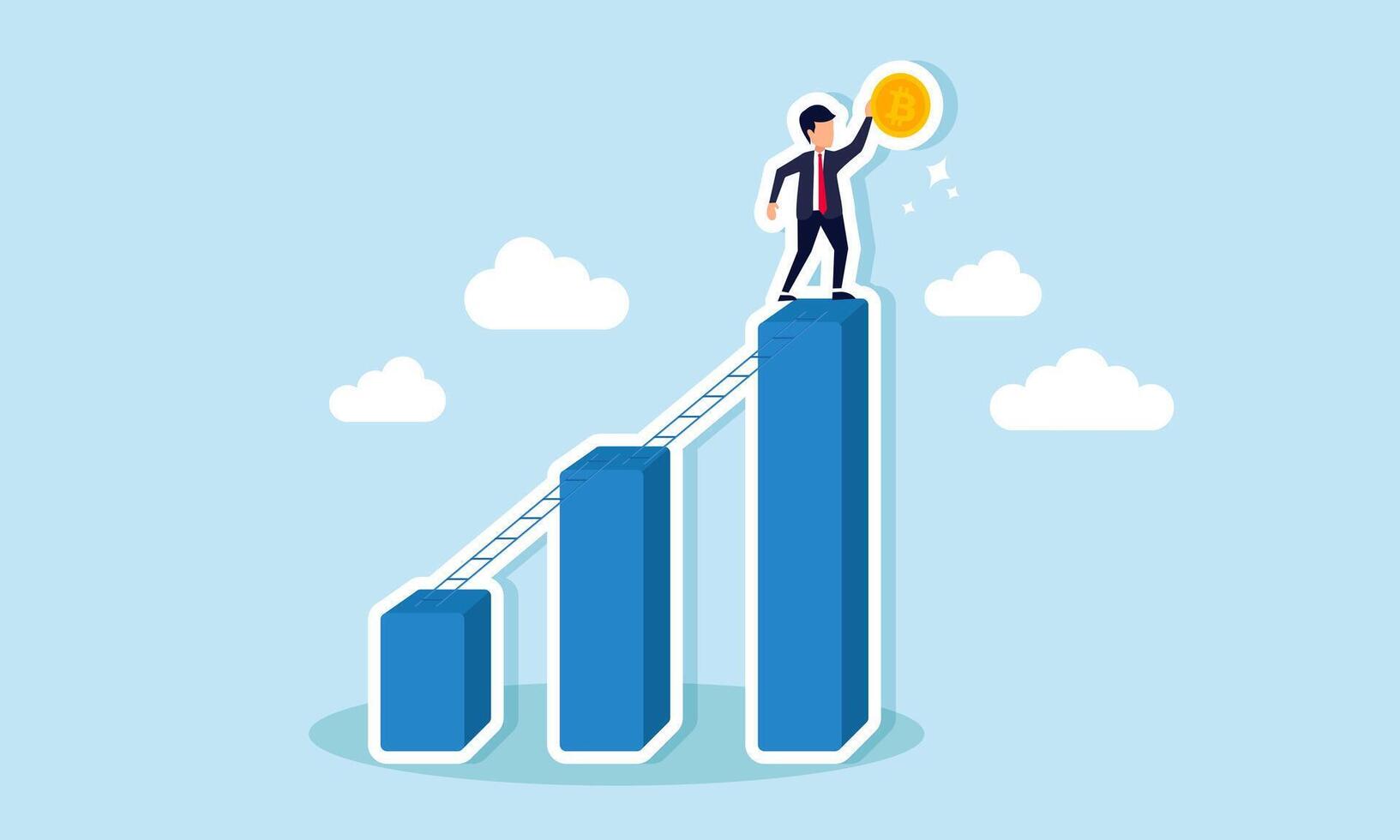 A businessman stands at the peak of a graph holding a Bitcoin, illustrating the struggle in Bitcoin investment vector
