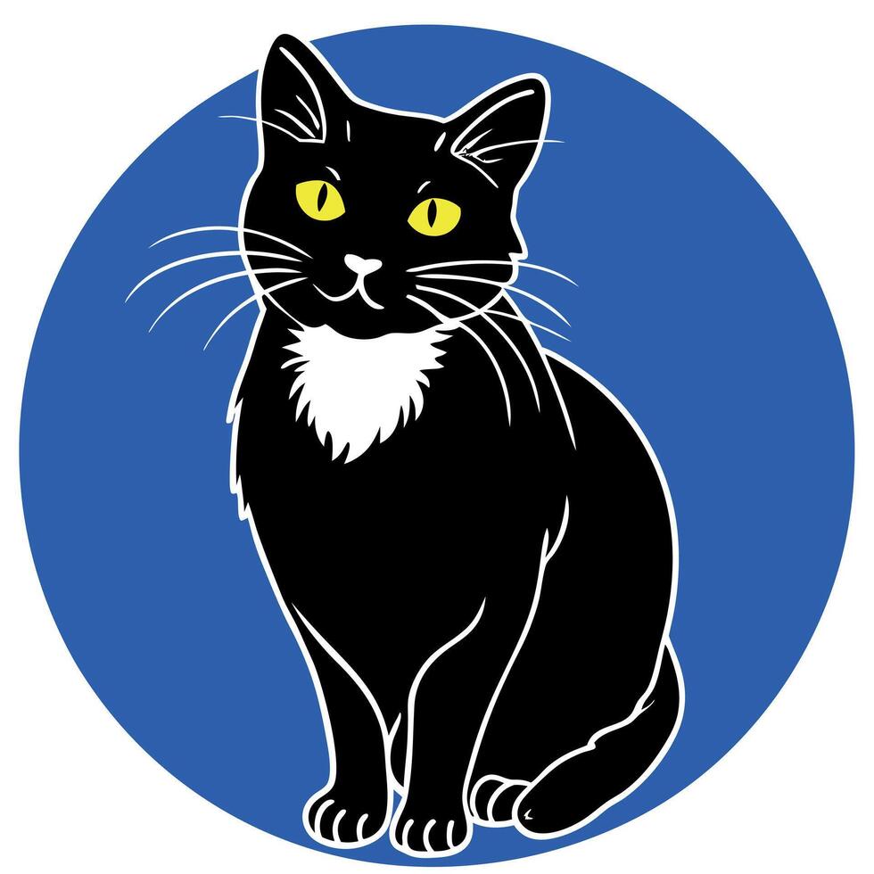 Black cat is perched atop a deep blue background its fur is a deep midnight shade and its eyes are a bright yellow that stands in stark contrast vector