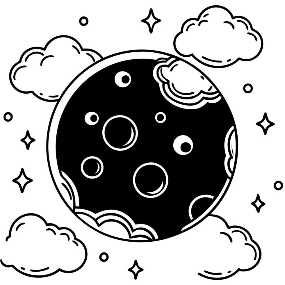 Amazing scenery of white glowing moon with craters in black sky with clouds at night vector