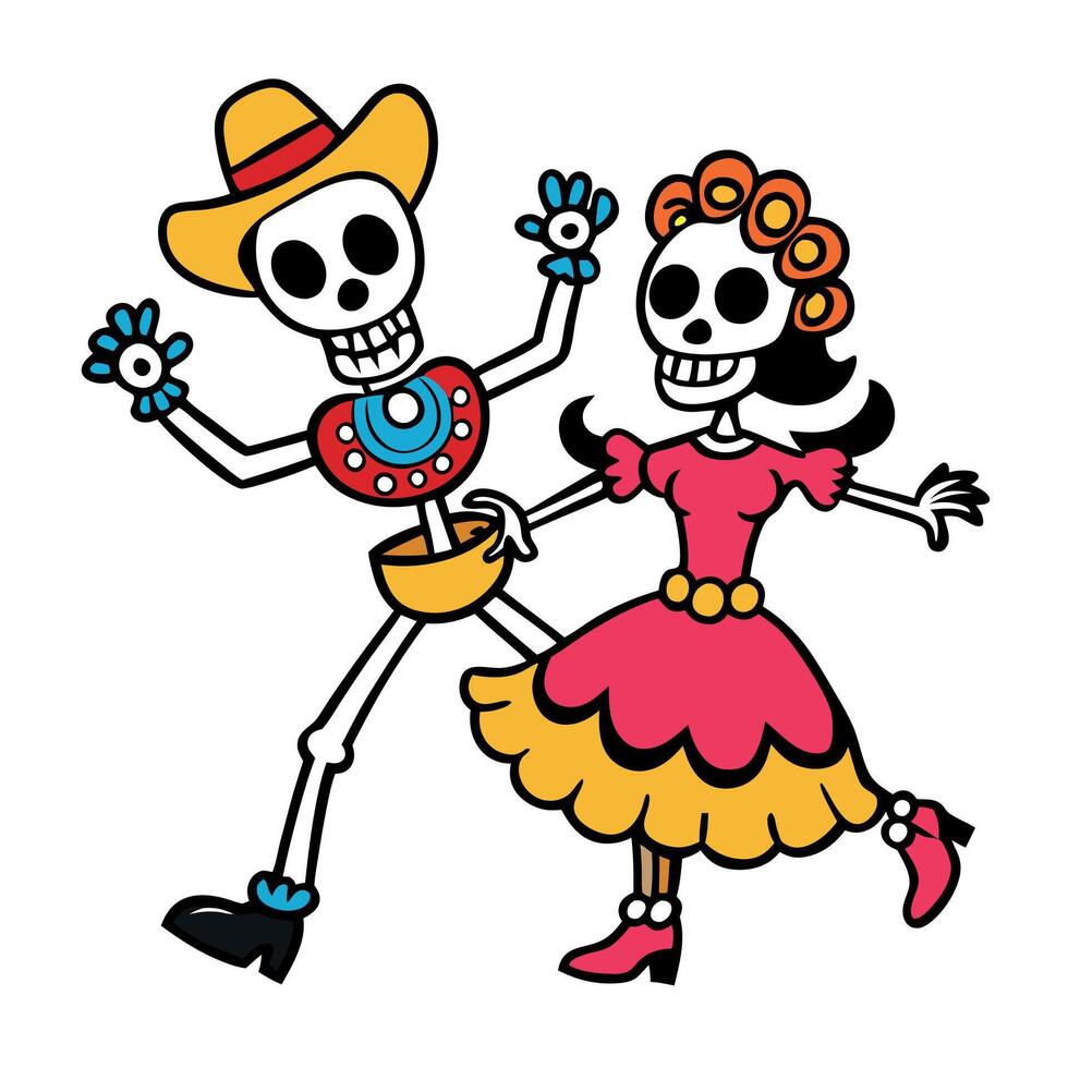 Colorful day of the dead illustration with skeleton couple dancing vector