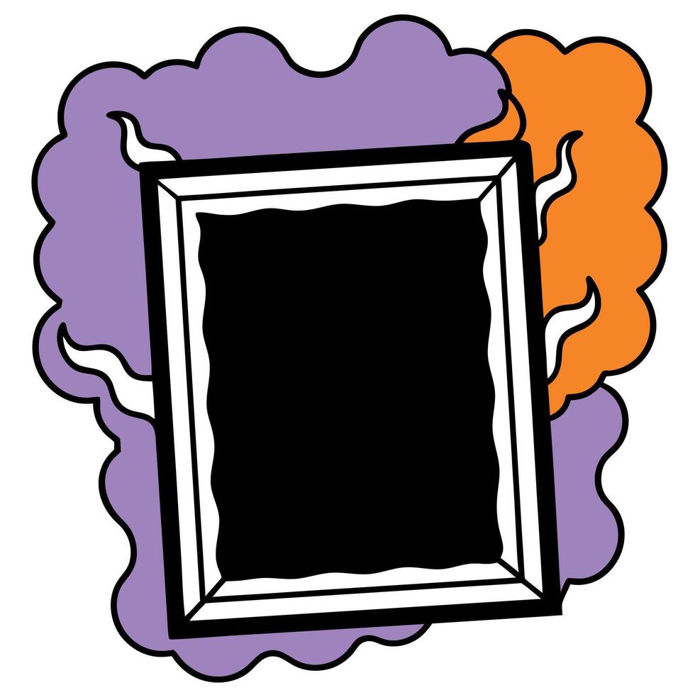 Black picture frame with orange smoke on a purple background for Halloween. vector