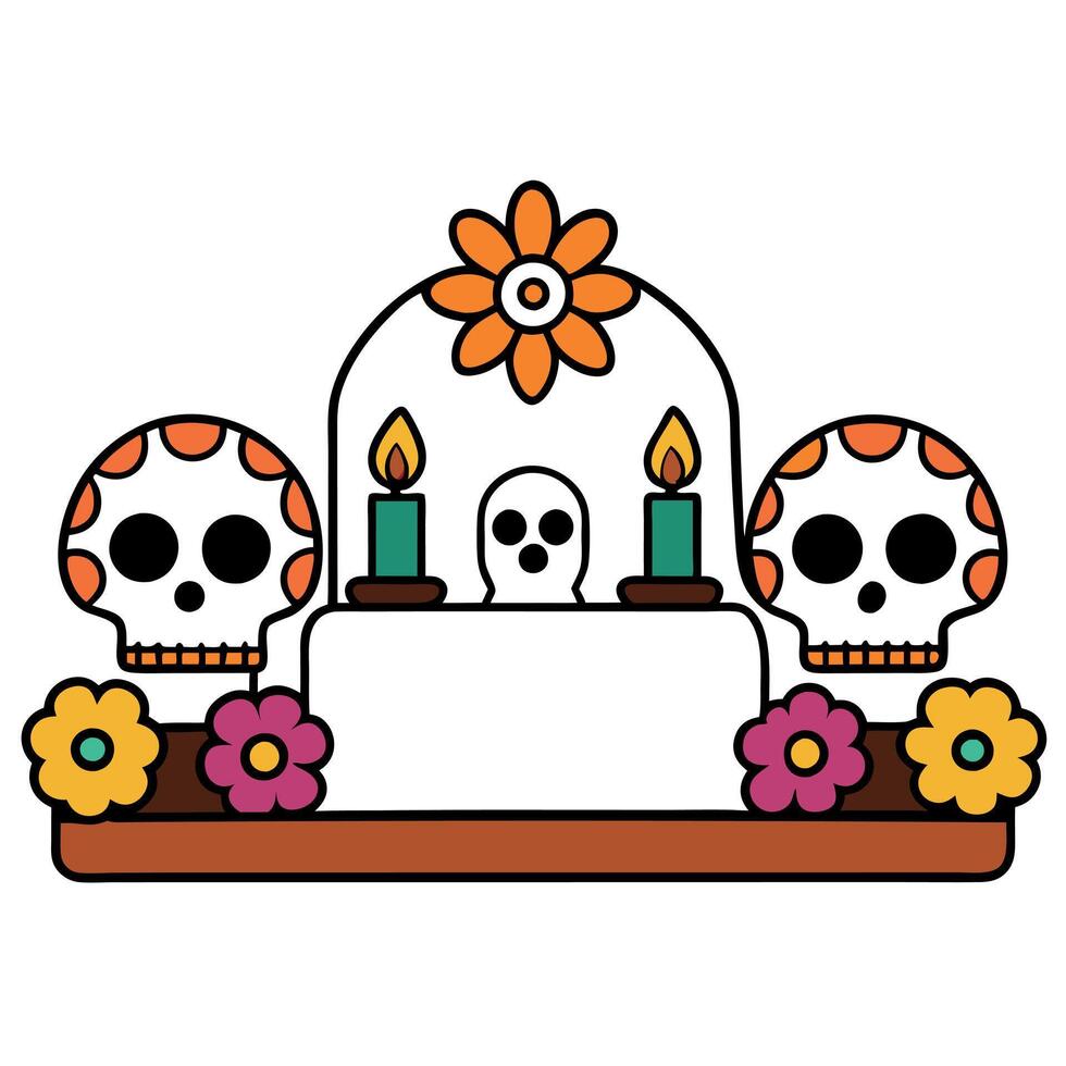 Altar of skulls and flowers during the Day of the Dead in Mexico on a white background vector