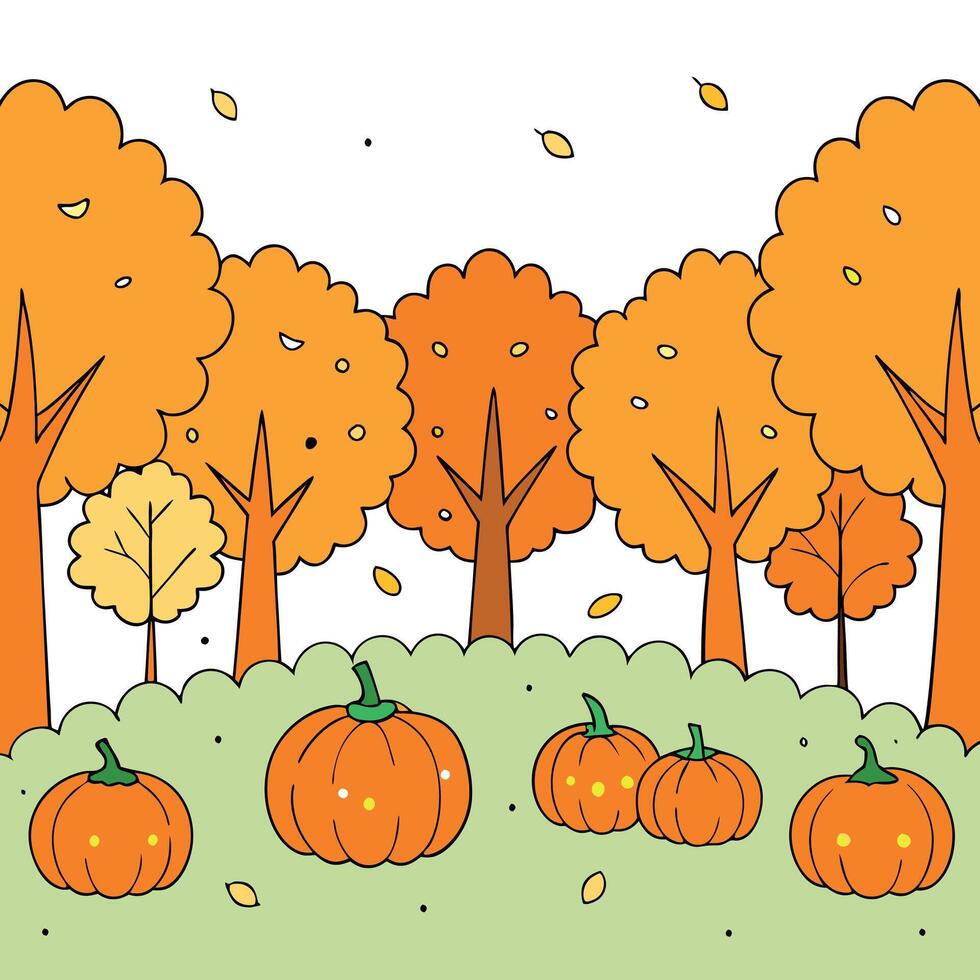 Beautiful halloween fall forest covered in pumpkins vector