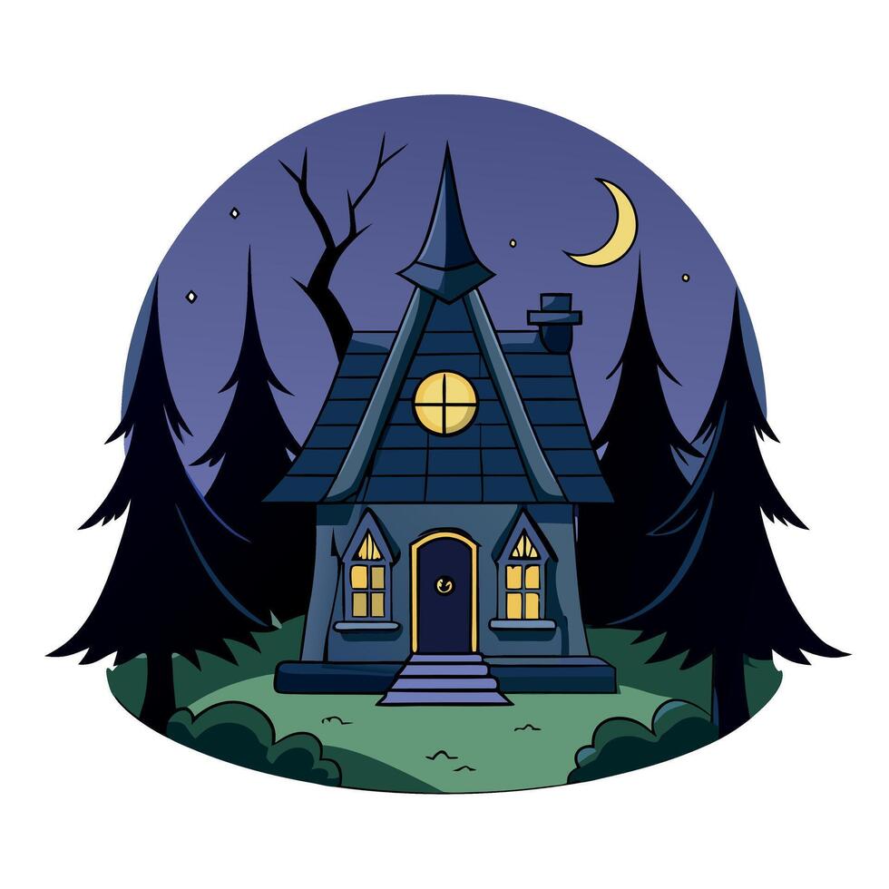 Beautiful and atmospheric illustration with spooky witch house. Night forest. horror mood. Empty space for character. Cinematic. volumetric light. realistic environment made with vector