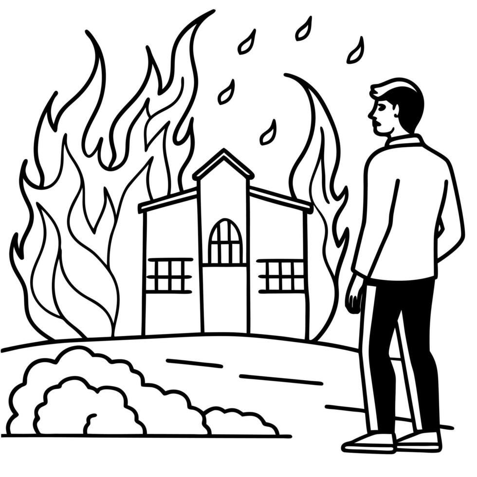 A silhouette of a man against a burning building at night. vector