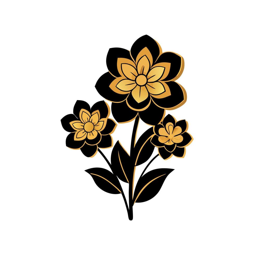 Beautiful golden flowers with black leaves isolated on a dark black background. Creative mystery concept. Elegant love and passion floral idea. 3d Illustration vector