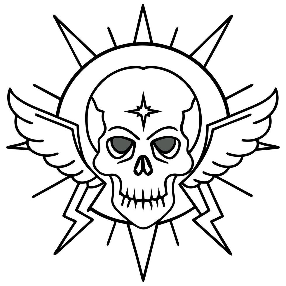 A skull with wings and a skull head on a black background with lightning bolts and a skull in the center of the image is a skull. vector