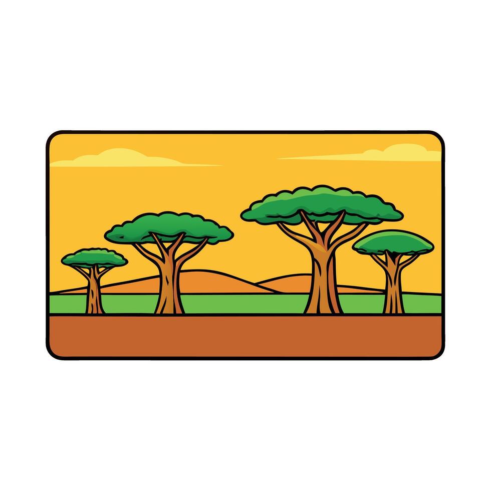 Beautiful landscape - African savannah with accacia and baobab trees landscape painting. vibrant safari wallpaper. Horizontal format vector