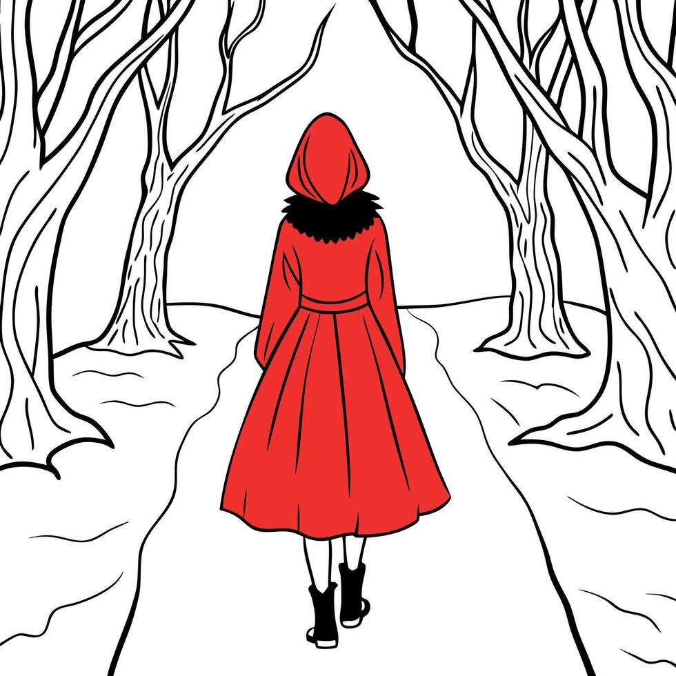 A girl wearing a red cloak and walking in the gloomy forest path.Back view.Little red riding hood tale story concept.Created with vector