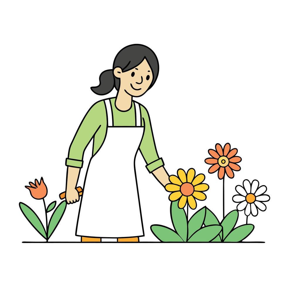 A female florist carefully choosing flowers in the garden for bouquet vector