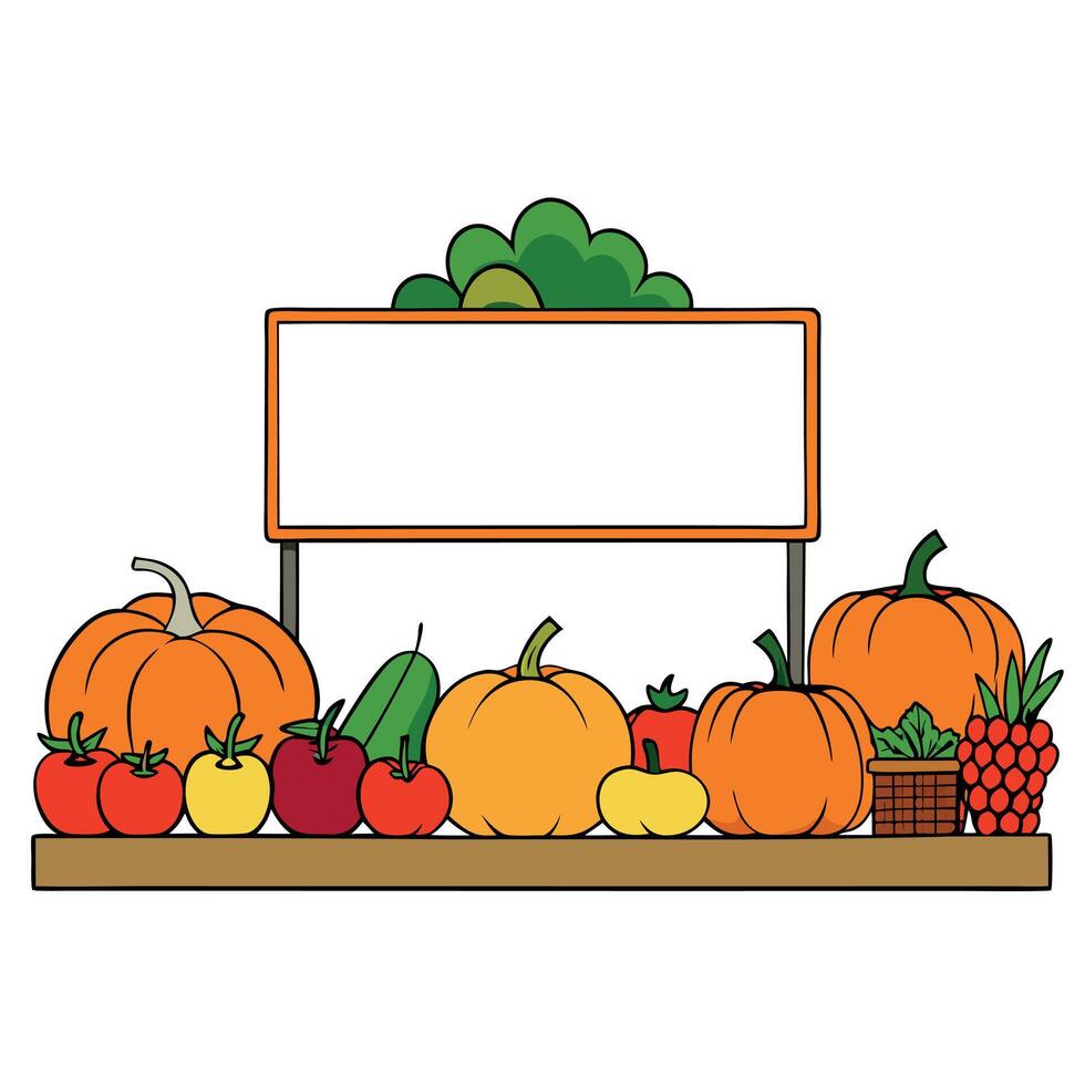 A colorful display of pumpkins apples and gourds at an autumn farmers market background with empty space for text vector