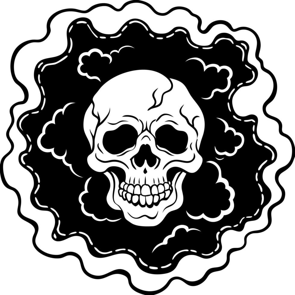 A painting of a skull surrounded by smoke and skulls on a black background with a white smoke cloud in the middle of the image. vector