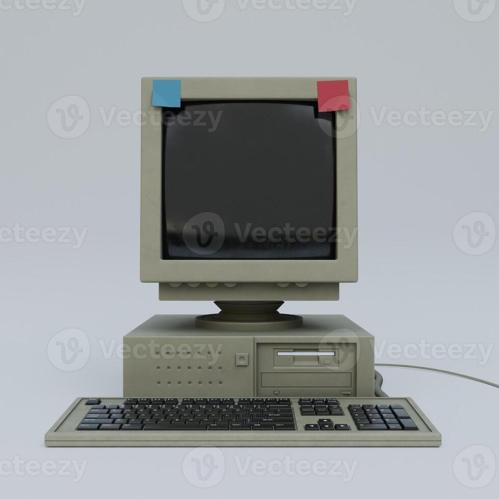 An old computer with a keyboard and monitor photo
