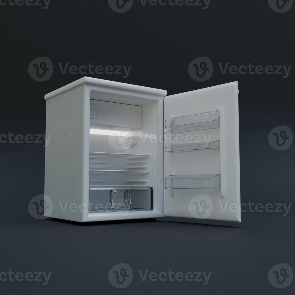 A small refrigerator with its door open on a black background photo