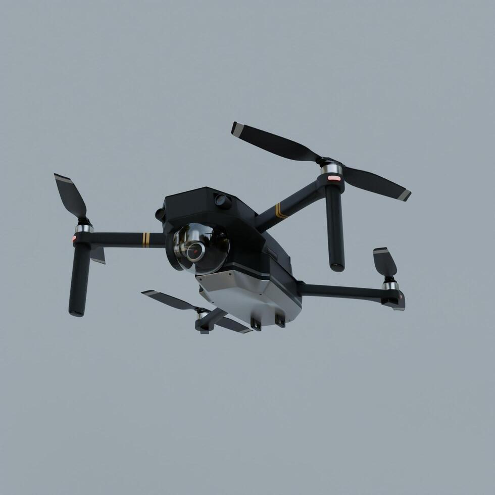 A black drone flying in the air with propellers photo