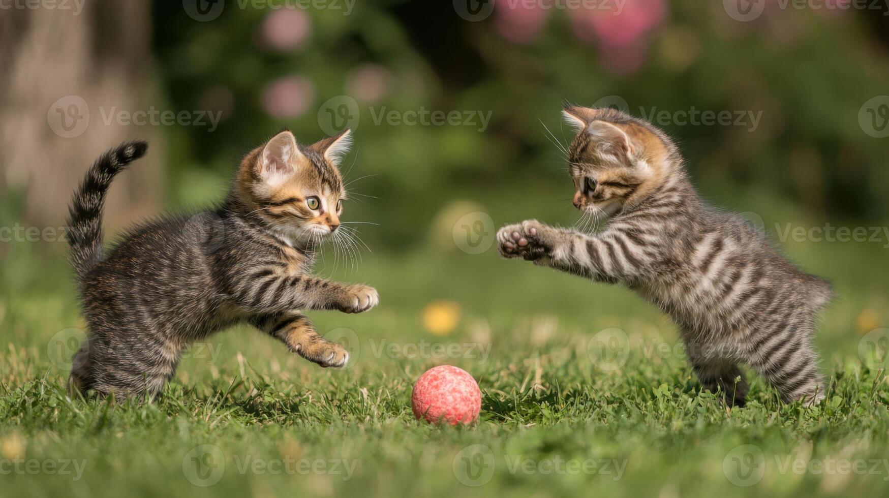 Two cute little kittens playing with a red ball in the garden. photo