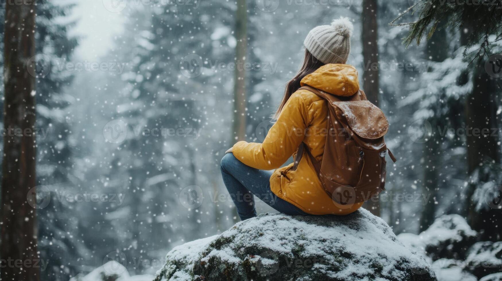 Woman wearing yellow jacket sitting on rock in snowy forest during winter snowfall. photo