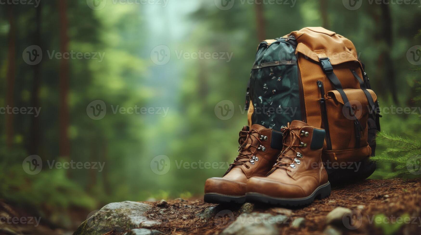Hiking boots and backpack on the trail in the forest. Adventure and travel concept. photo