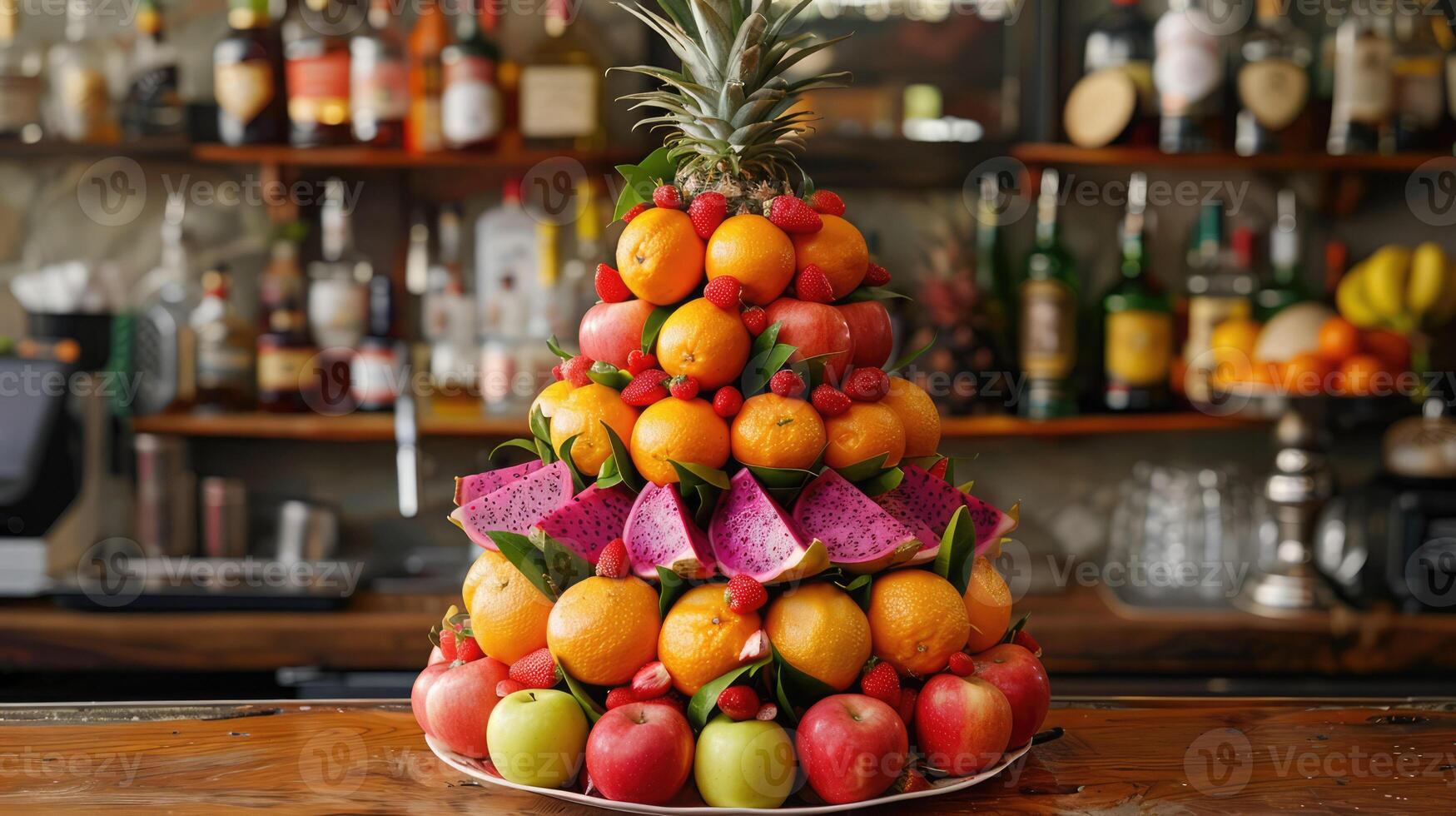 Edible Christmas tree made of various fresh fruits orange, pineapple, strawberry, dragon fruit and apple on the bar counter in a cafe or restaurant. Creative festive food serving photo
