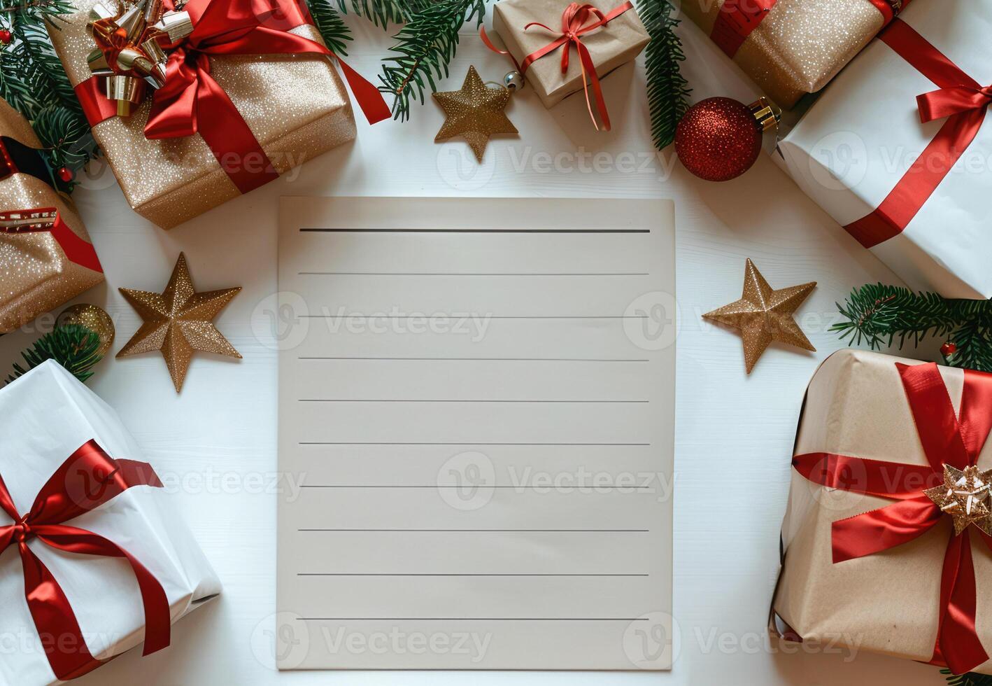 Top view of mockup with blank holiday note surrounded by holiday gift boxes and Christmas decorations. photo